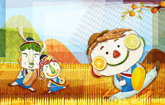 PSD 계절 여자 남자 악기 일러스트 사람 세명 가을풍경 전통놀이 수확 농촌 표현 풍물놀이 국내일러스트 전통 음악 농업 놀이 국악 풍경 시골 파일형식 가을_계절