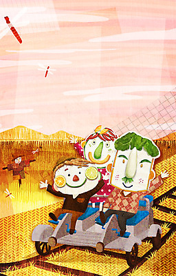 PSD 계절 여자 남자 일러스트 사람 초원 세명 가을풍경 수확 농촌 표현 레일바이크 국내일러스트 농업 풍경 바이크 시골 파일형식 가을_계절