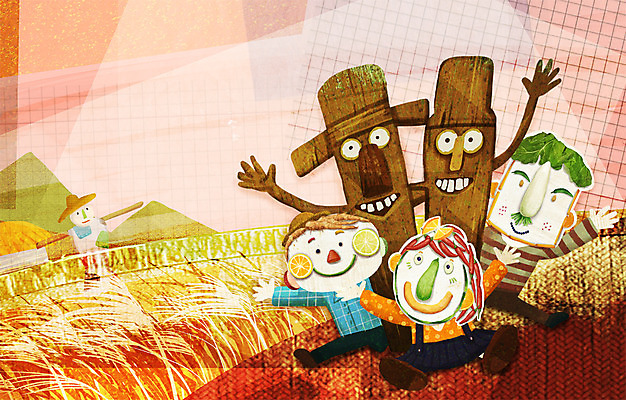 PSD 계절 여자 남자 일러스트 사람 초원 세명 가을풍경 수확 농촌 표현 장승 국내일러스트 농업 풍경 시골 파일형식 가을_계절