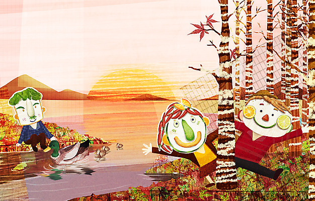 PSD 나무 계절 여자 남자 일러스트 사람 세명 강 노을 가을풍경 수확 농촌 표현 청둥오리 국내일러스트 자연요소 식물 농업 오리 풍경 시골 파일형식 가을_계절