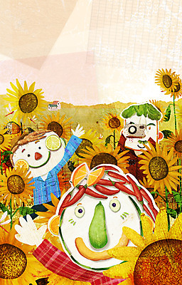 PSD 계절 여자 남자 꽃밭 일러스트 해바라기 사람 세명 가을풍경 수확 농촌 표현 기념사진 국내일러스트 꽃 농업 풍경 시골 파일형식 가을_계절