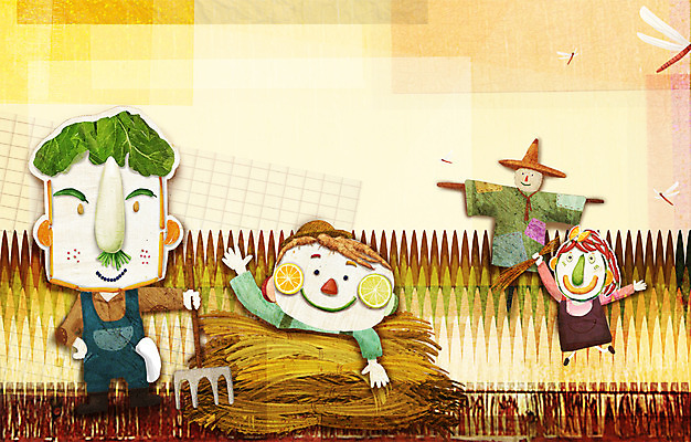 PSD 계절 여자 남자 일러스트 논 사람 세명 농작물 가을풍경 수확 벼 농촌 표현 농기구 국내일러스트 농업 곡류 풍경 시골 파일형식 가을_계절