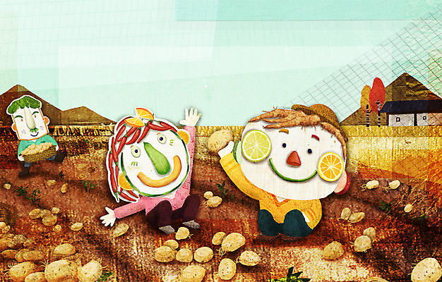 PSD 계절 여자 남자 밭 채소 일러스트 감자 사람 세명 농작물 가을풍경 수확 농촌 표현 국내일러스트 농업 풍경 시골 파일형식 가을_계절