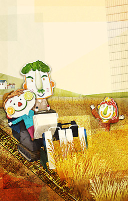 PSD 계절 여자 남자 일러스트 논 사람 세명 농작물 가을풍경 수확 벼 농촌 표현 농기구 콤바인 국내일러스트 농업 곡류 풍경 시골 파일형식 가을_계절