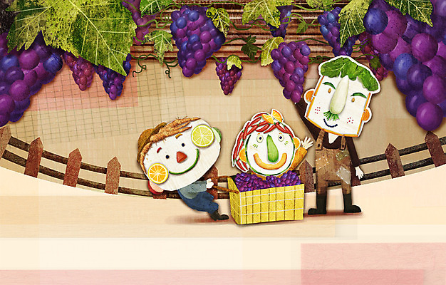 PSD 계절 여자 남자 과일 일러스트 포도 사람 세명 농작물 울타리 가을풍경 수확 농촌 표현 국내일러스트 농업 풍경 담장 시골 파일형식 가을_계절