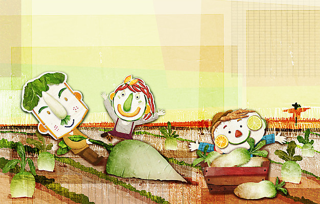 PSD 계절 여자 남자 채소 일러스트 사람 세명 농작물 가을풍경 수확 농촌 표현 무 국내일러스트 농업 뿌리채소 풍경 시골 파일형식 가을_계절