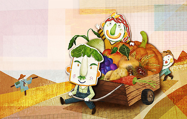 PSD 계절 여자 남자 채소 과일 일러스트 호박 사람 세명 농작물 가을풍경 수레 수확 농촌 표현 국내일러스트 농업 풍경 카트 시골 파일형식 가을_계절