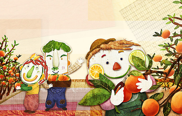 PSD 나무 계절 여자 남자 과일 일러스트 귤 사람 세명 농작물 가을풍경 수확 농촌 표현 국내일러스트 식물 농업 풍경 시골 파일형식 가을_계절