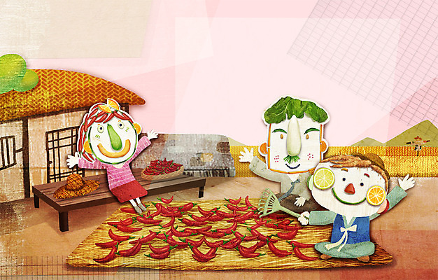 PSD 계절 여자 남자 채소 일러스트 고추 사람 세명 농작물 가을풍경 수확 농촌 표현 평상 국내일러스트 농업 풍경 시골 파일형식 가을_계절