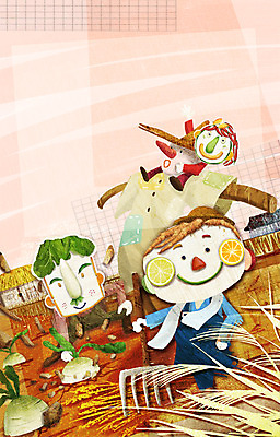 PSD 계절 여자 남자 채소 일러스트 사람 세명 농작물 가을풍경 수확 농촌 표현 무 농기구 허수아비 국내일러스트 농업 뿌리채소 풍경 시골 파일형식 가을_계절