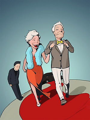 PSD 라이프스타일 드레스 여자 노년 남자 일러스트 사람 세명 실버라이프 파티 노인복지 레드카펫 노인만 성인만 국내일러스트 옷 이벤트 성인 생활 복지 파일형식