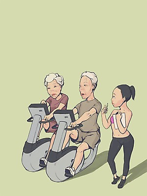 PSD 라이프스타일 여자 노년 남자 일러스트 사람 세명 실버라이프 운동 운동기구 헬스 트레이너 노인복지 노인만 성인만 국내일러스트 건강 성인 생활 복지 파일형식