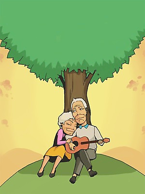 PSD 나무 라이프스타일 여자 노년 남자 연주 일러스트 사람 두명 실버라이프 노부부 기타 노인복지 노인만 성인만 국내일러스트 식물 부부 음악 현악기 성인 생활 복지 파일형식