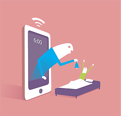 일러스트 통신 정보통신 사람 두명 스마트폰 스마트기기 알람 종 기상 침대 스마트 모닝콜 국내일러스트 AI파일 가구 컨셉 모션 전자제품 핸드폰 정보 파일형식 벡터