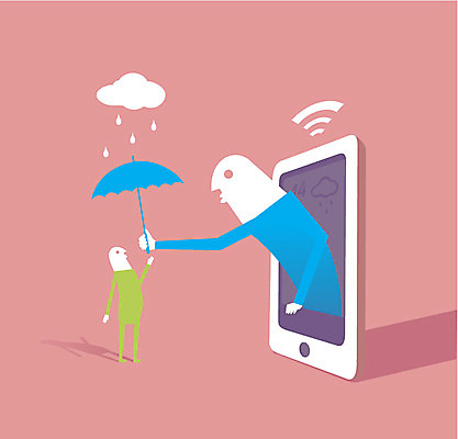 구름 일러스트 우산 통신 날씨 정보통신 사람 두명 스마트폰 스마트기기 비 일기예보 스마트 국내일러스트 AI파일 자연요소 컨셉 전자제품 핸드폰 정보 파일형식 벡터