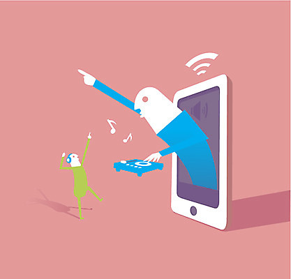 음악 음표 일러스트 통신 정보통신 사람 두명 스마트폰 스마트기기 헤드폰 DJ 스마트 국내일러스트 AI파일 기호 음향기기 컨셉 문화예술 전자제품 핸드폰 정보 파일형식 벡터