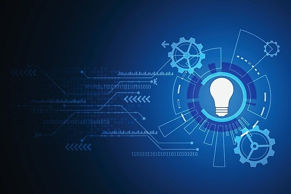 EPS 해외이미지 디자인 컨셉 일러스트 추상 미래 사람없음 그래픽 파란색 디지털 톱니바퀴 전구모양 해외202004 해외일러스트 모양 컬러 무늬 전구 파일형식 벡터 이미지허브