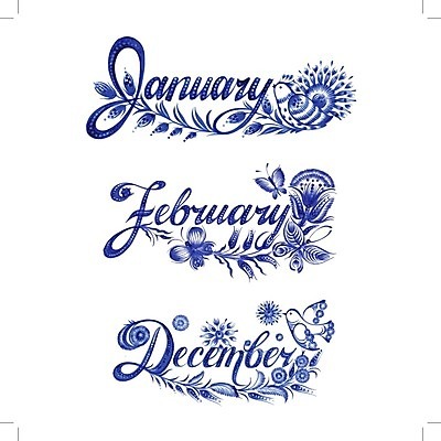 EPS 해외이미지 디자인 꽃 백그라운드 잎 일러스트 수채화 미술 사람없음 단어 세트 12월 손그림 1월 2월 해외202004 해외일러스트 식물 문자 문화예술 날짜 파일형식 벡터 이미지허브