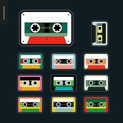 EPS 해외이미지 음악 스티커 일러스트 사람없음 세트 카세트테이프 해외202004 해외일러스트 문화예술 파일형식 벡터 이미지허브