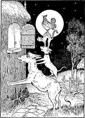 EPS 해외이미지 나무 캐릭터 여러마리 일러스트 창문 주택 사람없음 울타리 쌓기 검은색 고양이 말_동물 개 엿보기 라인아트 그림 밟기 판화 암탉 해외202004 브레멘음악대 해외일러스트 일러캐릭터 식물 선 컬러 다수 포유류 모션 동화 미술 건물 담장 반려동물 닭 암컷 파일형식 벡터 이미지허브