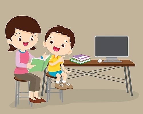 EPS 해외이미지 학생 여자 교육 남자 아들 어린이 일러스트 가족 엄마 함께함 소년 성인 두명 책 컴퓨터 듣기 교과서 해외202004 해외일러스트 컨셉 관계 모션 교재 사람 전자제품 파일형식 벡터 이미지허브