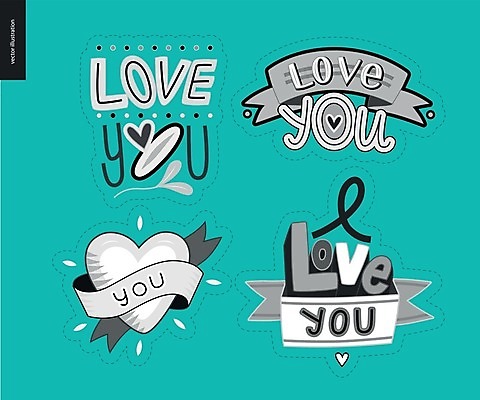 EPS 해외이미지 스티커 일러스트 사랑 타이포그라피 사람없음 세트 라벨 하트 청록색 해외202004 해외일러스트 모양 문자 감정 컬러 프레임 파일형식 벡터 이미지허브