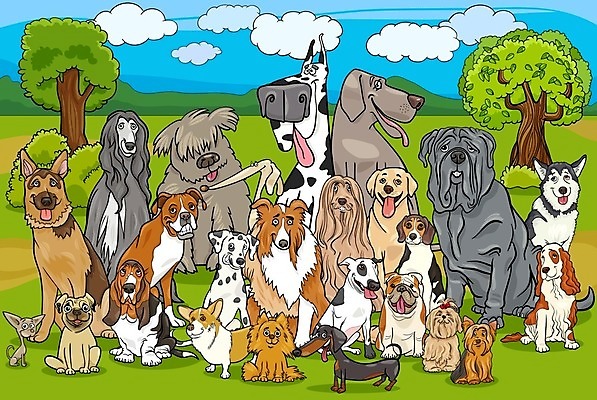 EPS 해외이미지 동물 캐릭터 공원 일러스트 반려동물 세트 그룹 개 강아지 만화 닥스훈트 그림 비글 치와와 달마시안 마스티프 유래 포메라니안 해외202004 해외일러스트 일러캐릭터 공공시설 포유류 파일형식 벡터 이미지허브