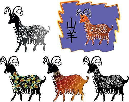 EPS 해외이미지 동물 꽃 잎 패턴 일러스트 포유류 염소 프레임 뿔 장식 반려동물 검은색 인도인 문신 5 스타일 해외202004 해외일러스트 외국인 식물 컬러 무늬 동양인 숫자 파일형식 벡터 이미지허브