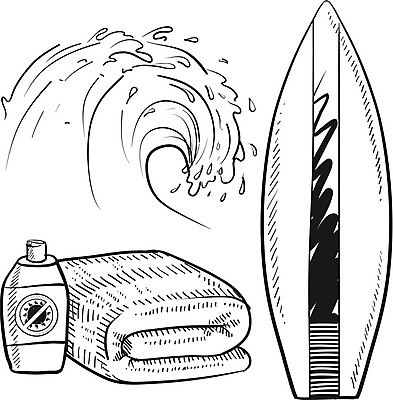 EPS 해외이미지 파도 일러스트 사람없음 수건 서핑보드 서핑 스케치 선크림 해외202004 해외일러스트 바다 미술 위생용품 화장품 수상스포츠 보드_스포츠 파일형식 벡터 이미지허브
