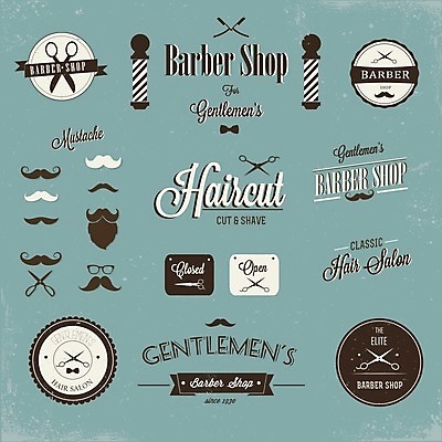 EPS 해외이미지 스티커 일러스트 사람없음 파란색 세트 라벨 빈티지 콧수염 이발소 해외202004 해외일러스트 컬러 컨셉 수염 프레임 뷰티샵 파일형식 벡터 이미지허브