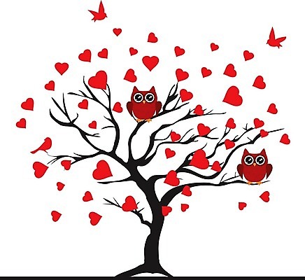 EPS 해외이미지 나무 일러스트 조류 추상 사람없음 빨간색 하트 부엉이 해외202004 해외일러스트 모양 식물 동물 컬러 무늬 파일형식 벡터 이미지허브