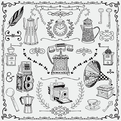 EPS 해외이미지 클립아트 시계 일러스트 돋보기 주전자 열쇠 사람없음 컵 카메라 전화기 깃털 그림 그라인더 축음기 엘리먼트 스타일 해외202004 해외일러스트 식기 음향기기 주방용품 전자제품 골동품 커피용품 파일형식 벡터 이미지허브
