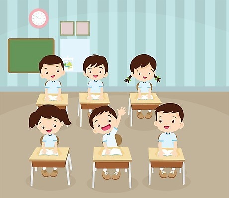 EPS 해외이미지 학생 여자 교육 남자 어린이 일러스트 교실 학교 수업 앉기 소년 여러명 책 친구 질문 책상 어린이만 해외202004 해외일러스트 가구 다수 관계 모션 사람 파일형식 벡터 이미지허브