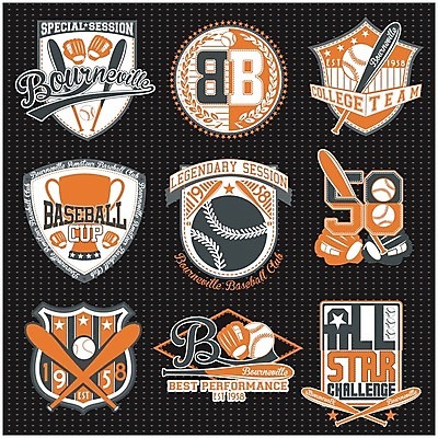 EPS 해외이미지 스티커 일러스트 사람없음 세트 라벨 검은색 주황색 야구 빈티지 해외202004 해외일러스트 컬러 컨셉 프레임 구기 파일형식 벡터 이미지허브