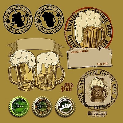 EPS 해외이미지 전통 리본 일러스트 맥주 사람없음 도장 라벨 빈티지 원형 병뚜껑 맥주잔 맥주거품 카피스페이스 해외202004 해외일러스트 도형 컨셉 술잔 프레임 주류 공백 거품 파일형식 벡터 이미지허브
