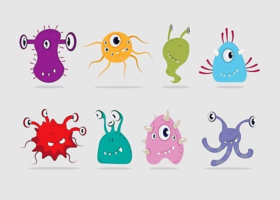 EPS 해외이미지 캐릭터 일러스트 뿔 사람없음 초록색 약 할로윈 외계인 바이러스 질병 감염 코믹 미생물 박테리아 몬스터 해외202004 해외일러스트 일러캐릭터 컬러 의학 생물 미확인물체 파일형식 벡터 이미지허브