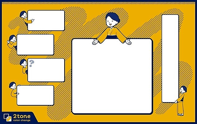 EPS 해외이미지 전신 여자 일러스트 사각프레임 프레임 여러명 성인 세트 노란색 기모노 일본인 성인여자만 카피스페이스 해외202004 해외일러스트 외국인 컬러 다수 사람 동양인 사각형 공백 일본전통의상 여자만 성인만 파일형식 벡터 이미지허브