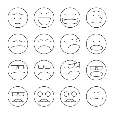 EPS 해외이미지 행복 감정 일러스트 표정 사람없음 선글라스 다양 슬픔 분노 짜증 표현 찡그림 라인아트 콧수염 눈물 심플 이모티콘 해외202004 해외일러스트 안경 선 다수 수염 파일형식 벡터 이미지허브