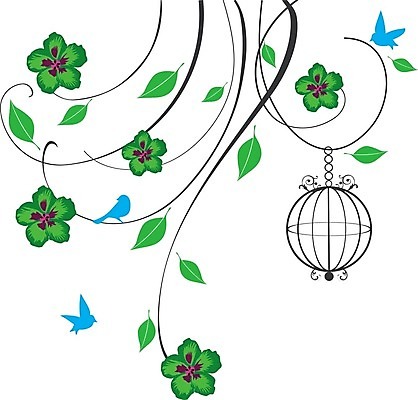 EPS 해외이미지 꽃 실루엣 일러스트 조류 매달리기 사람없음 초록색 나뭇가지 새장 해외일러스트 나무 식물 동물 컬러 모션 촬영기법 케이지 파일형식 벡터 이미지허브