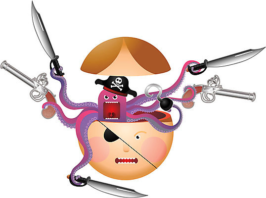 EPS 해외이미지 무기 컨셉 일러스트 사람 머리 총 분노 고리 칼 만화 붕대 문어 해적 나쁜 해외202004 해외일러스트 감정 연체동물 신체부위 수중동물 도둑 파일형식 벡터 이미지허브