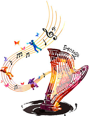 손글씨 문화 예술 악기 음악 연주 음표 일러스트 캘리그라피 붓터치 문화예술 사람 세명 컬러풀 오선지 하프 국내일러스트 AI파일 기호 컬러 현악기 악보 오선 파일형식 벡터