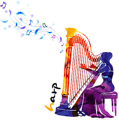 손글씨 영어 여자 문화 예술 음악 연주 일러스트 캘리그라피 붓터치 문화예술 한명 사람 컬러풀 하프 여자만 여자한명만 국내일러스트 AI파일 문자 1 컬러 현악기 파일형식 벡터