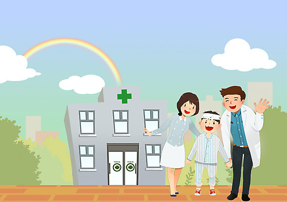 PSD 여자 남자 일러스트 병원 사람 건물 치료 세명 손들기 건강관리 환자 간호사 의사 인사 붕대 국내일러스트 건축물 의학 모션 건강 관리 의료진 예절 파일형식