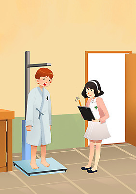 PSD 여자 남자 일러스트 병원 사람 두명 치료 건강관리 간호사 키_신체 체중계 신체검사 서류판 국내일러스트 신체 의학 건강 관리 사무용품 의료진 검사_조사 파일형식