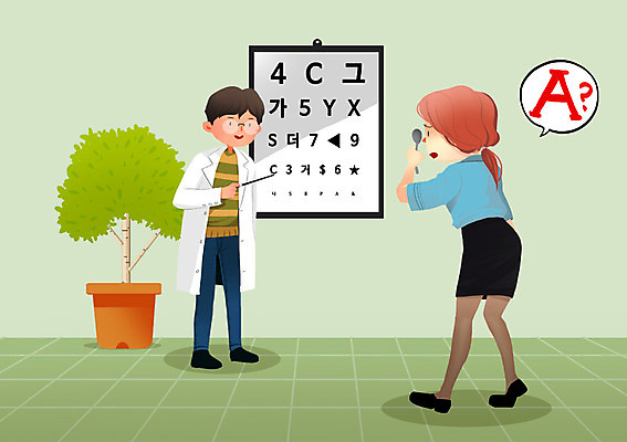 PSD 여자 남자 일러스트 병원 사람 두명 치료 건강관리 의사 시력검사 가림막 서류판 국내일러스트 의학 건강 관리 사무용품 의료진 검사_조사 파일형식