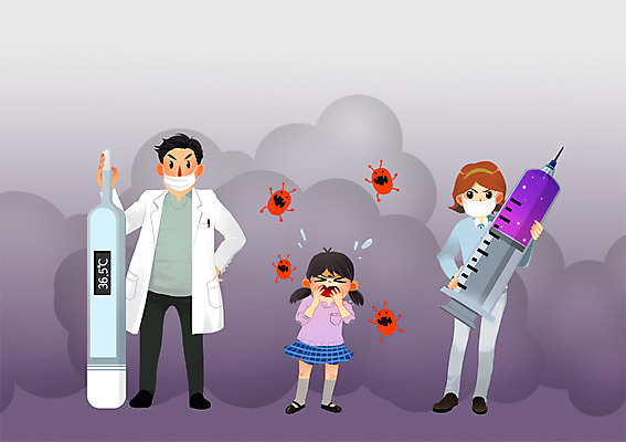 PSD 여자 남자 어린이 일러스트 병원 주사기 사람 치료 세명 건강관리 간호사 의사 온도계 체온계 박테리아 어린이만 국내일러스트 의학 의료기기 건강 관리 의료진 파일형식