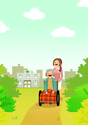 PSD 여자 노년 할머니 일러스트 병원 사람 두명 건물 치료 건강관리 산책 간호사 간호 휠체어 여자만 성인여자만 노인만 성인만 노인여자만 국내일러스트 건축물 의학 휴식 건강 관리 성인 의료진 파일형식