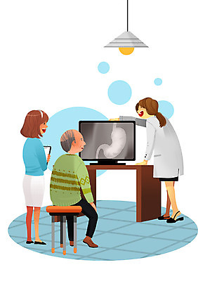 PSD 여자 할아버지 노년 남자 일러스트 병원 설명 사람 치료 세명 건강관리 모니터 간호사 의사 노인만 성인만 국내일러스트 의학 모션 건강 관리 성인 컴퓨터 의료진 파일형식