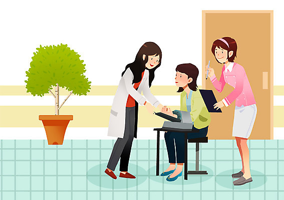 PSD 여자 일러스트 병원 사람 치료 세명 건강관리 간호사 의사 서류판 혈압측정 여자만 국내일러스트 의학 건강 관리 사무용품 의료진 측정 파일형식