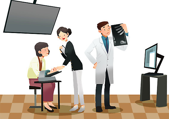 PSD 여자 남자 일러스트 엑스레이 병원 사람 치료 세명 건강관리 간호사 의사 혈압측정 국내일러스트 의학 건강 관리 의료진 측정 파일형식